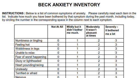 becks anxiety inventory form
